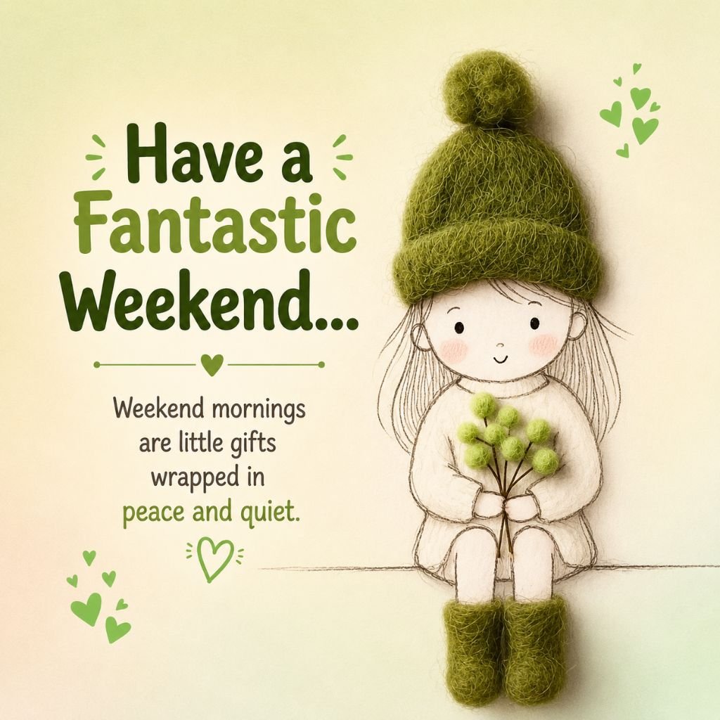 Cute girl in a green knitted hat with a Have a Fantastic Weekend message
