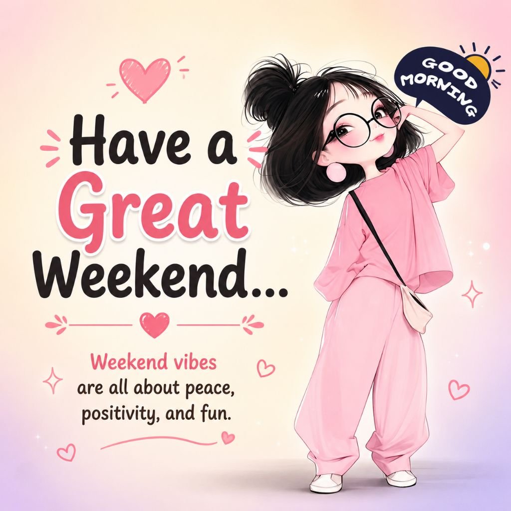 Cute girl in pink outfit and glasses Have a Great Weekend