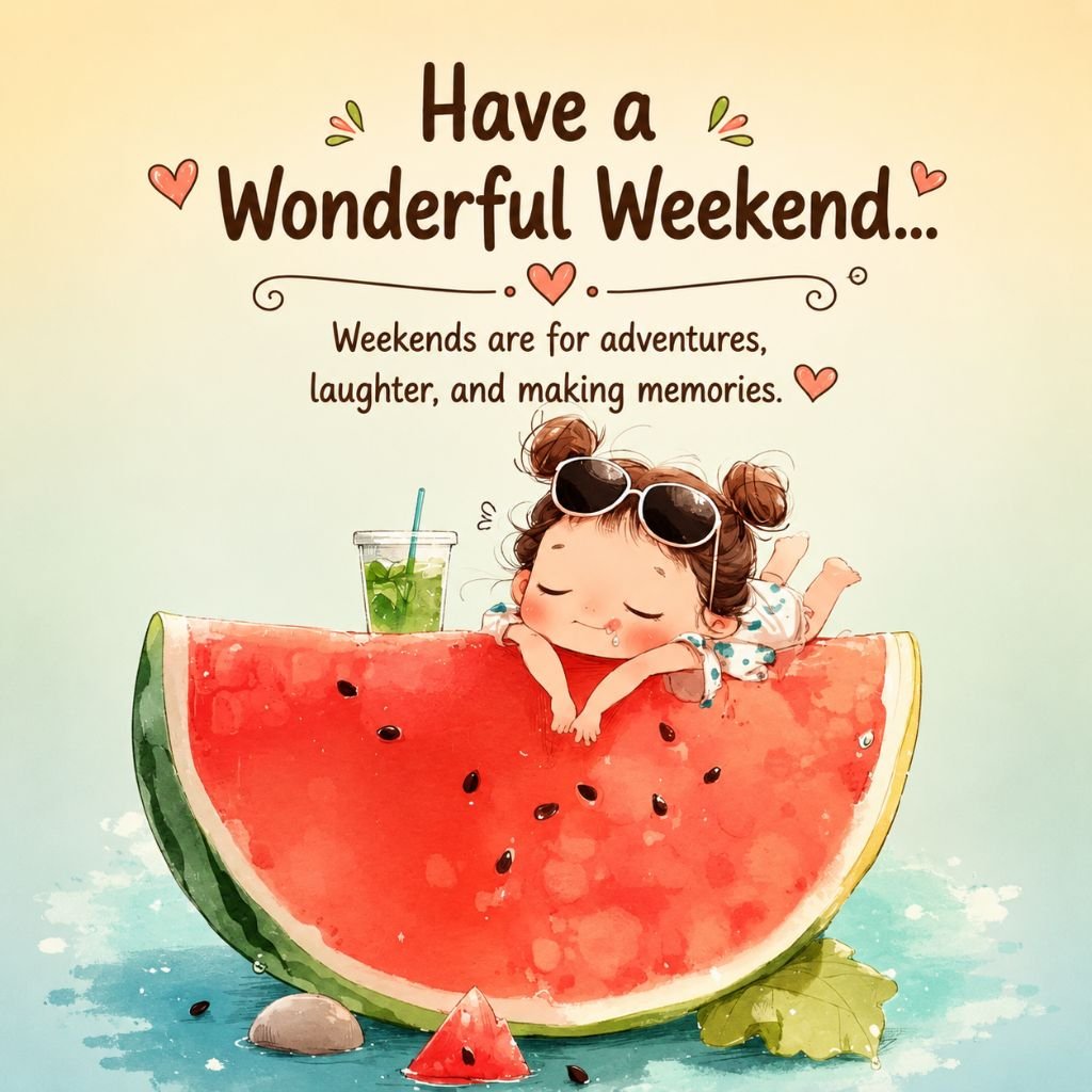 Cute girl relaxing on a giant watermelon slice Have a Wonderful Weekend message