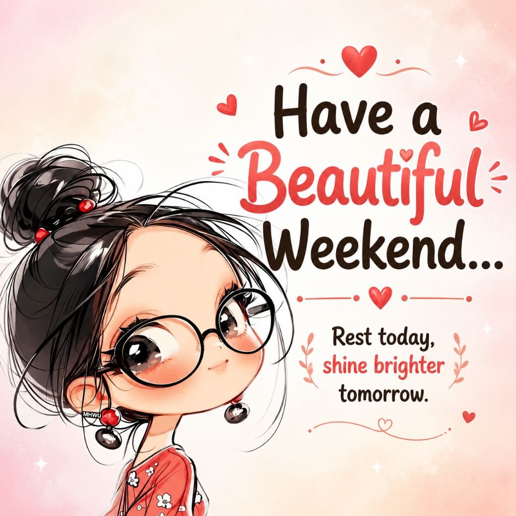 Cute girl with round glasses Have a Beautiful Weekend quote