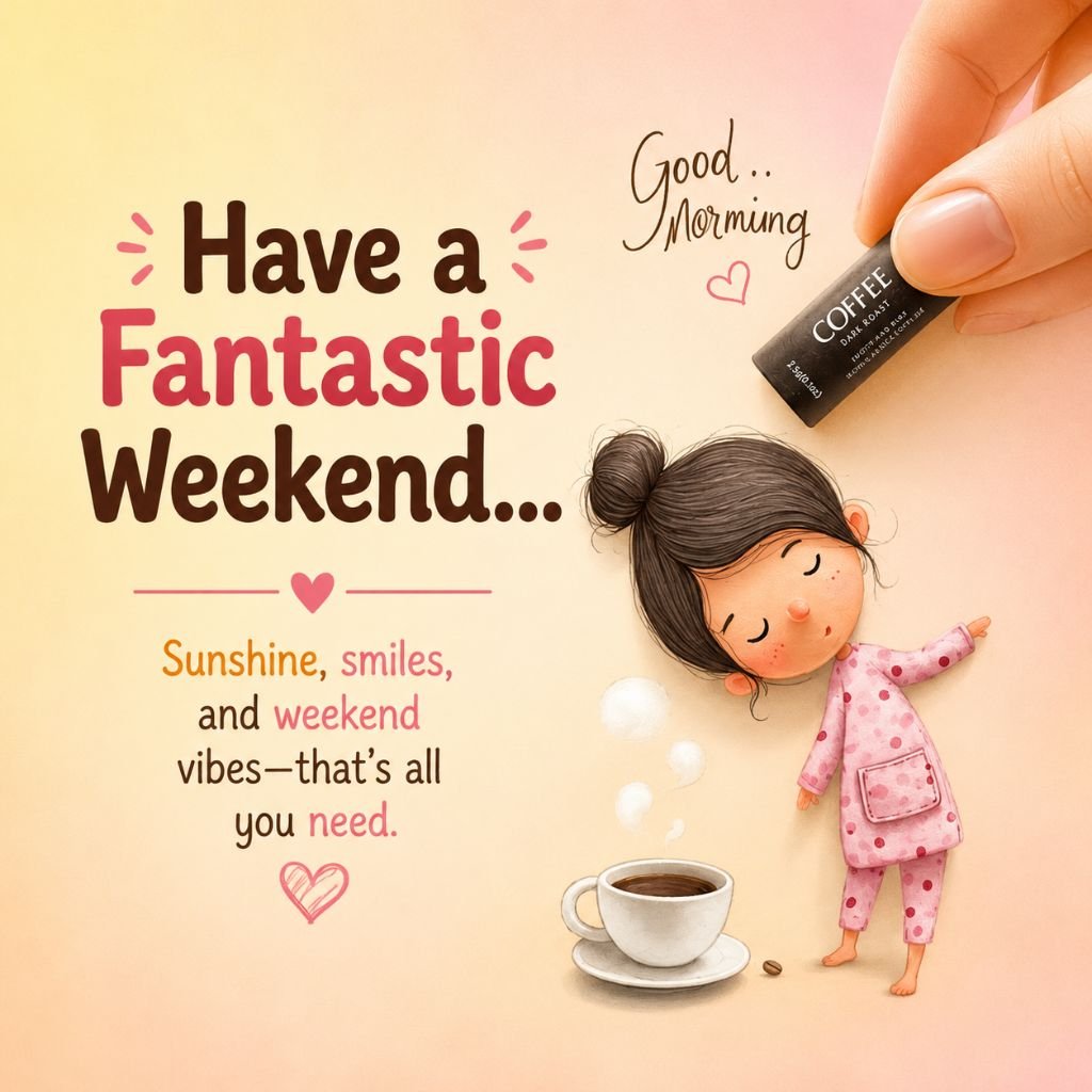 Cute pajama-clad girl beside a coffee cup with a Have a Fantastic Weekend message