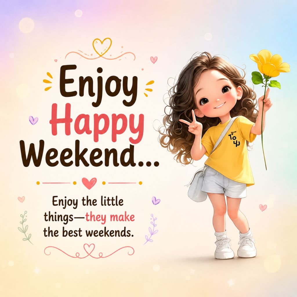 Cute smiling girl with an Enjoy Happy Weekend message