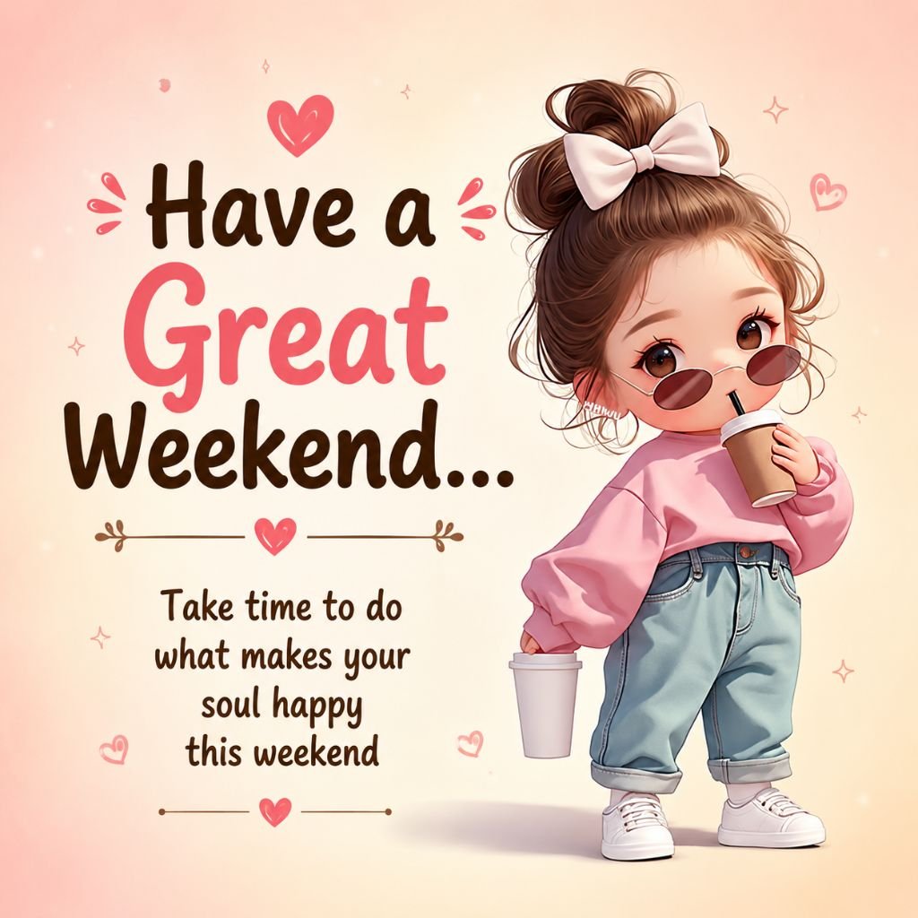  Cute stylish girl in pink sweatshirt Have a Great Weekend quote