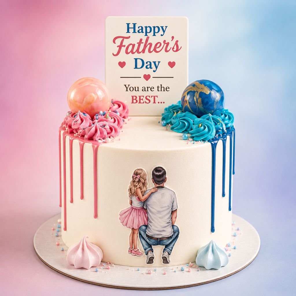 Happy Father’s Day cake with pink and blue drip frosting