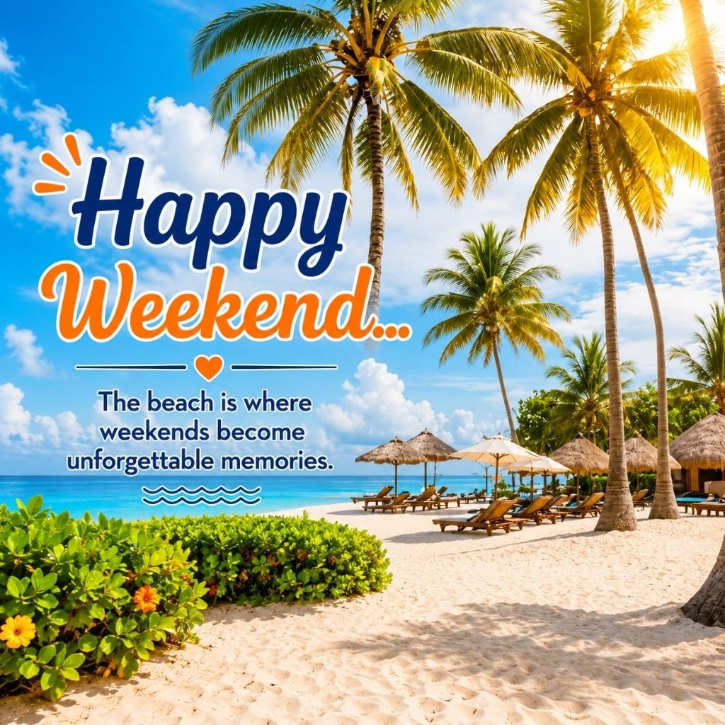 Happy Weekend beach resort greeting card with palm trees