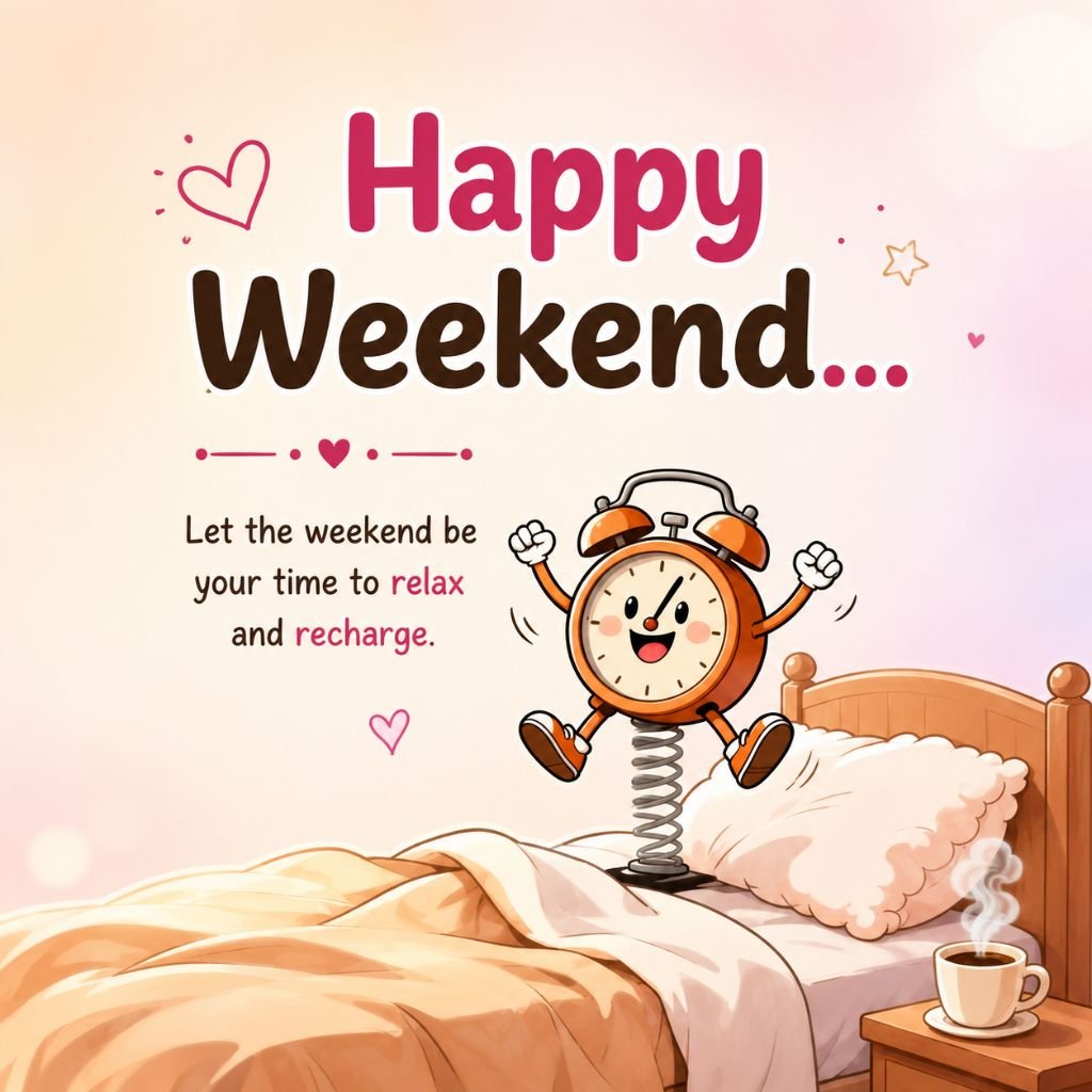 Happy Weekend bedroom scene with a cheerful alarm clock