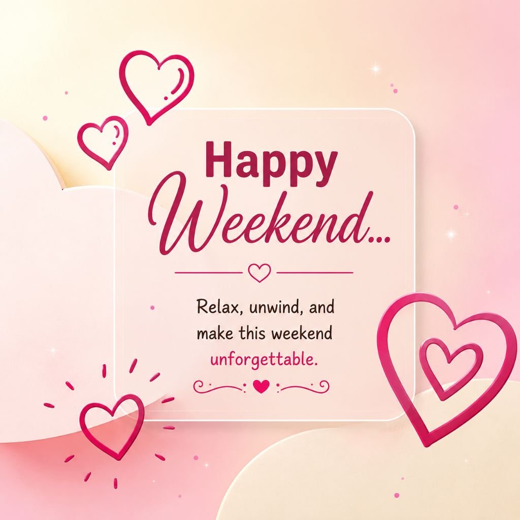 Happy Weekend greeting card with pink heart illustrations