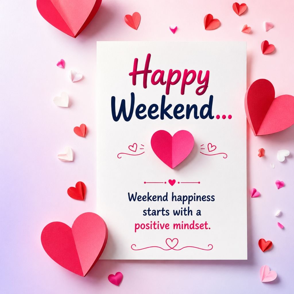 Happy Weekend greeting card with pink paper hearts