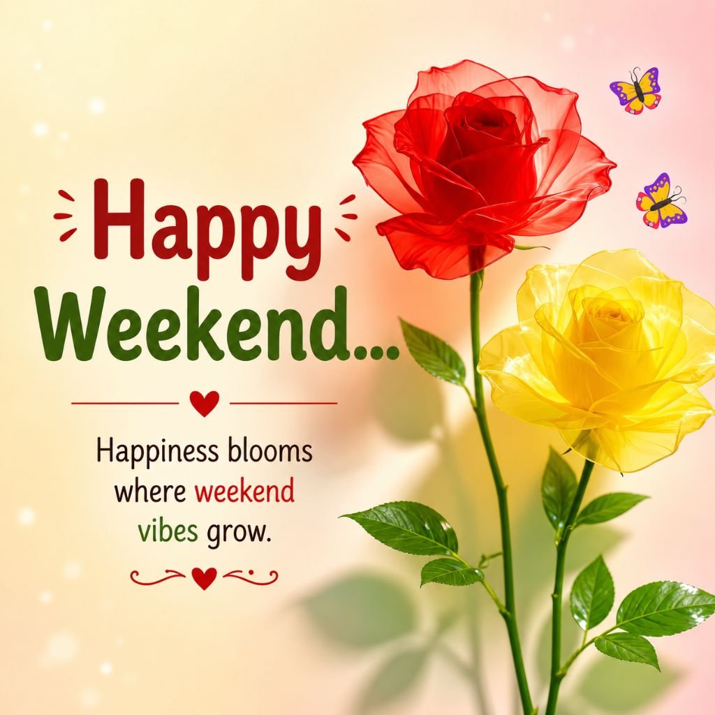 Happy Weekend greeting card with vibrant red and yellow roses