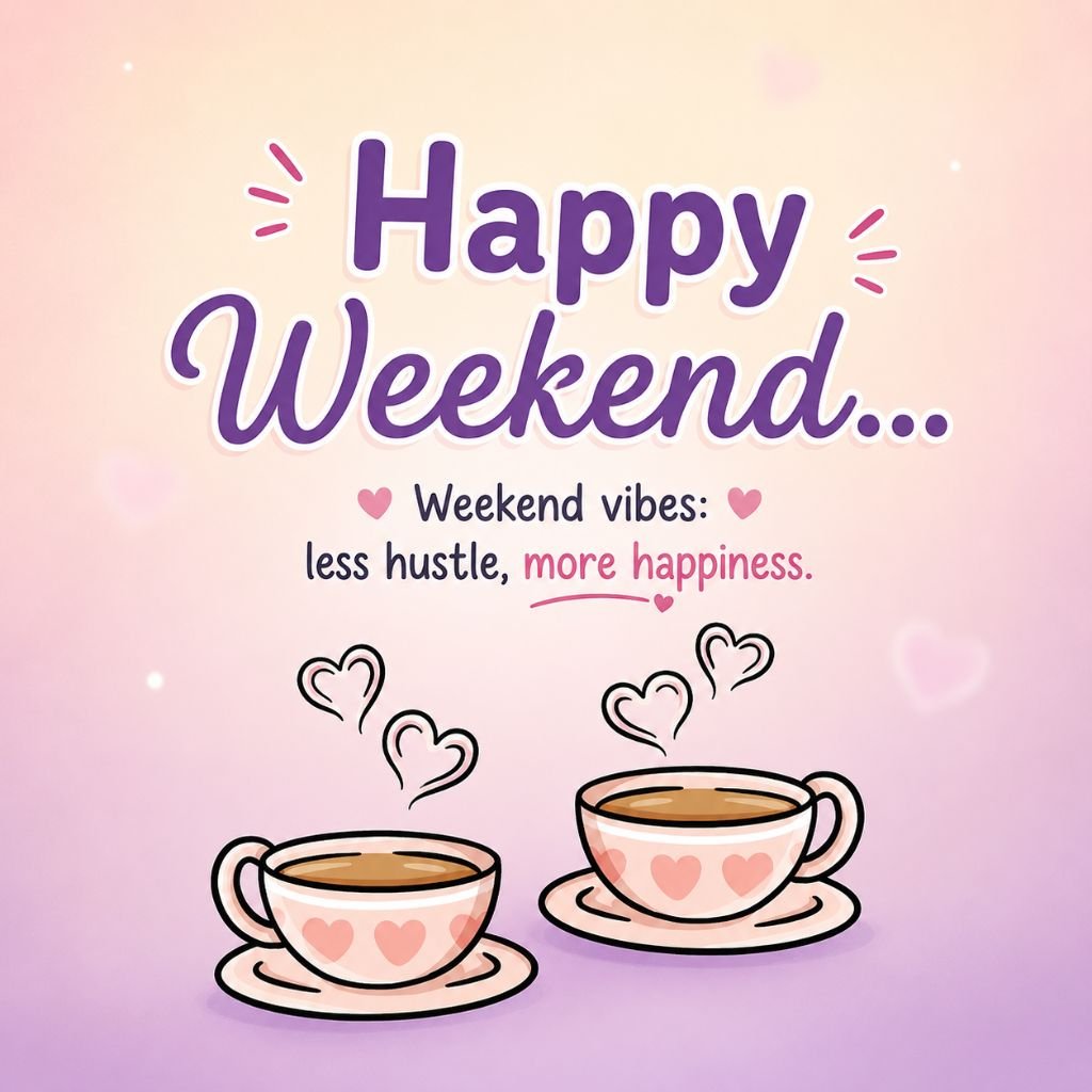 Happy Weekend greeting with two heart-pattern coffee cups