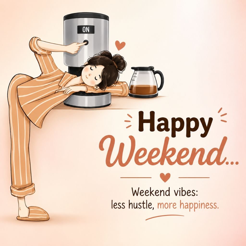 Happy Weekend illustration with a sleepy woman leaning on a coffee maker