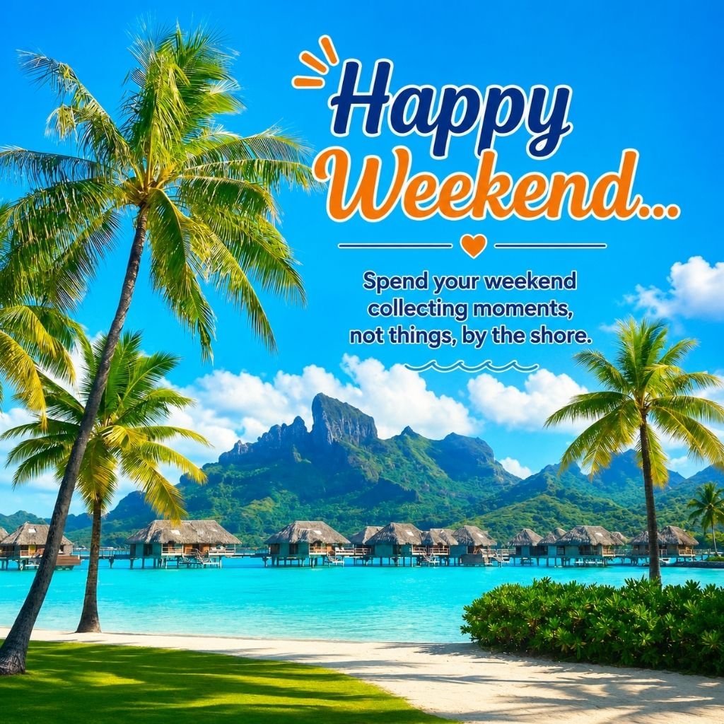 Happy Weekend tropical beach greeting featuring palm trees
