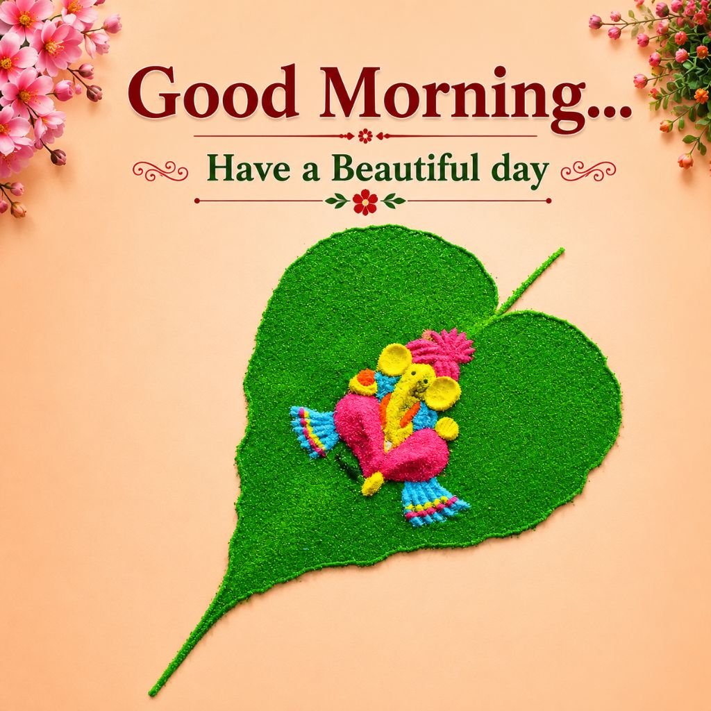 Lord Ganesha on a green sacred leaf good morning mom messages