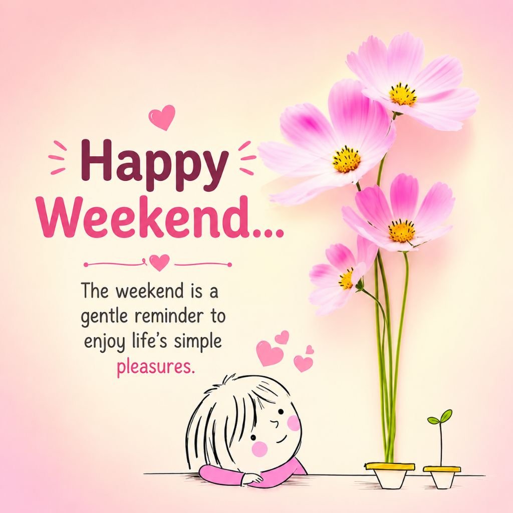 Pink cosmos flowers with a Happy Weekend quote