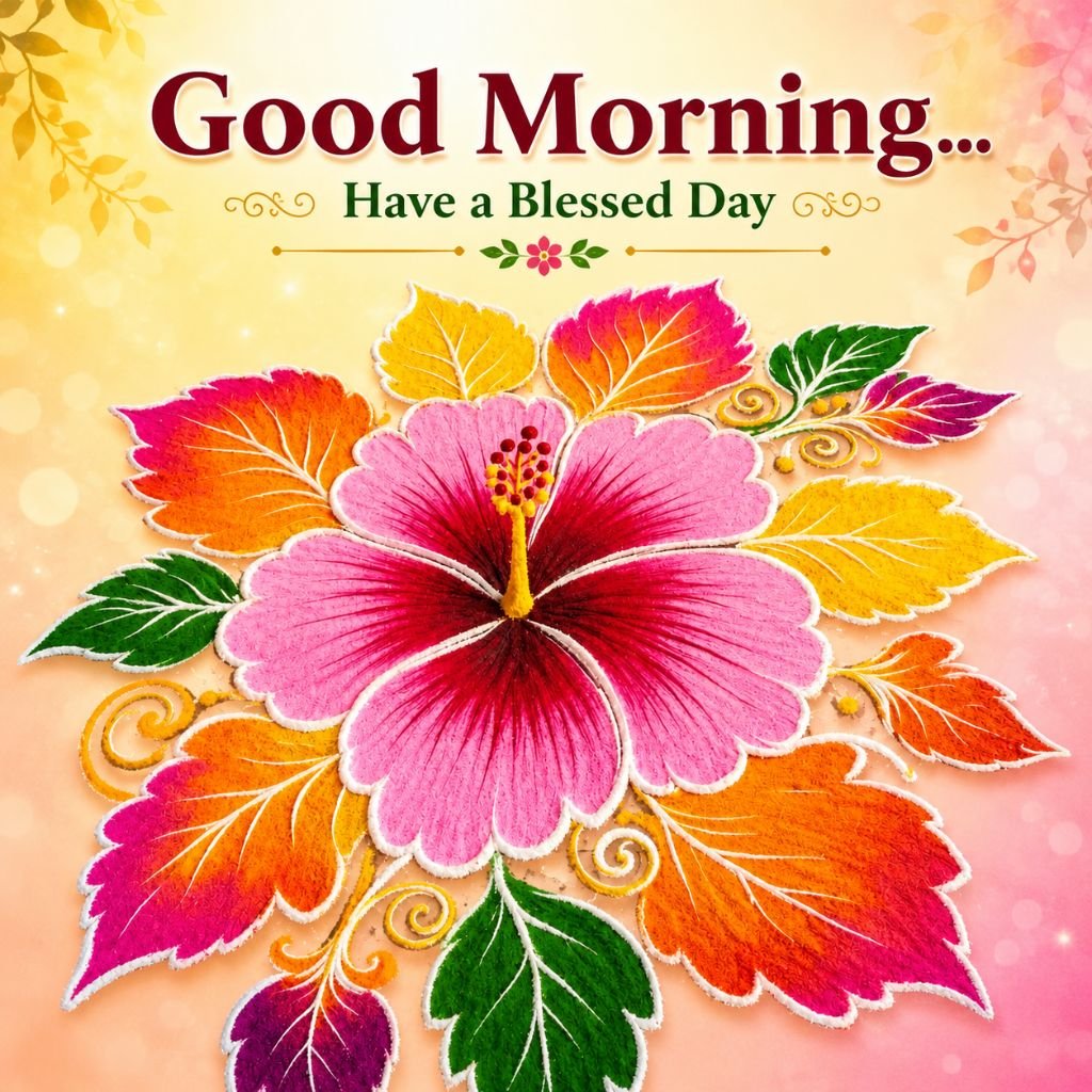 Pink hibiscus flower rangoli good morning images for friendship