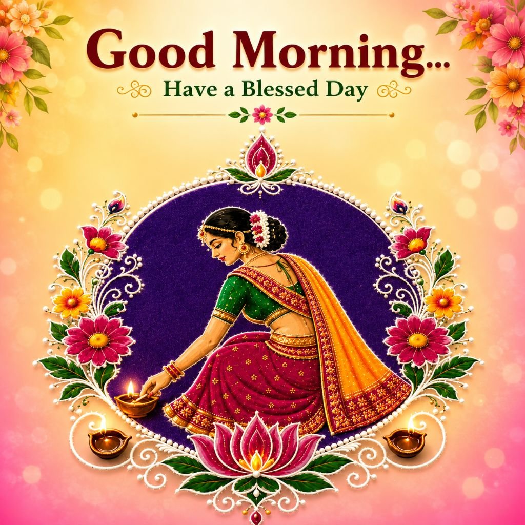 Traditional Indian woman lighting diyas good morning bestie