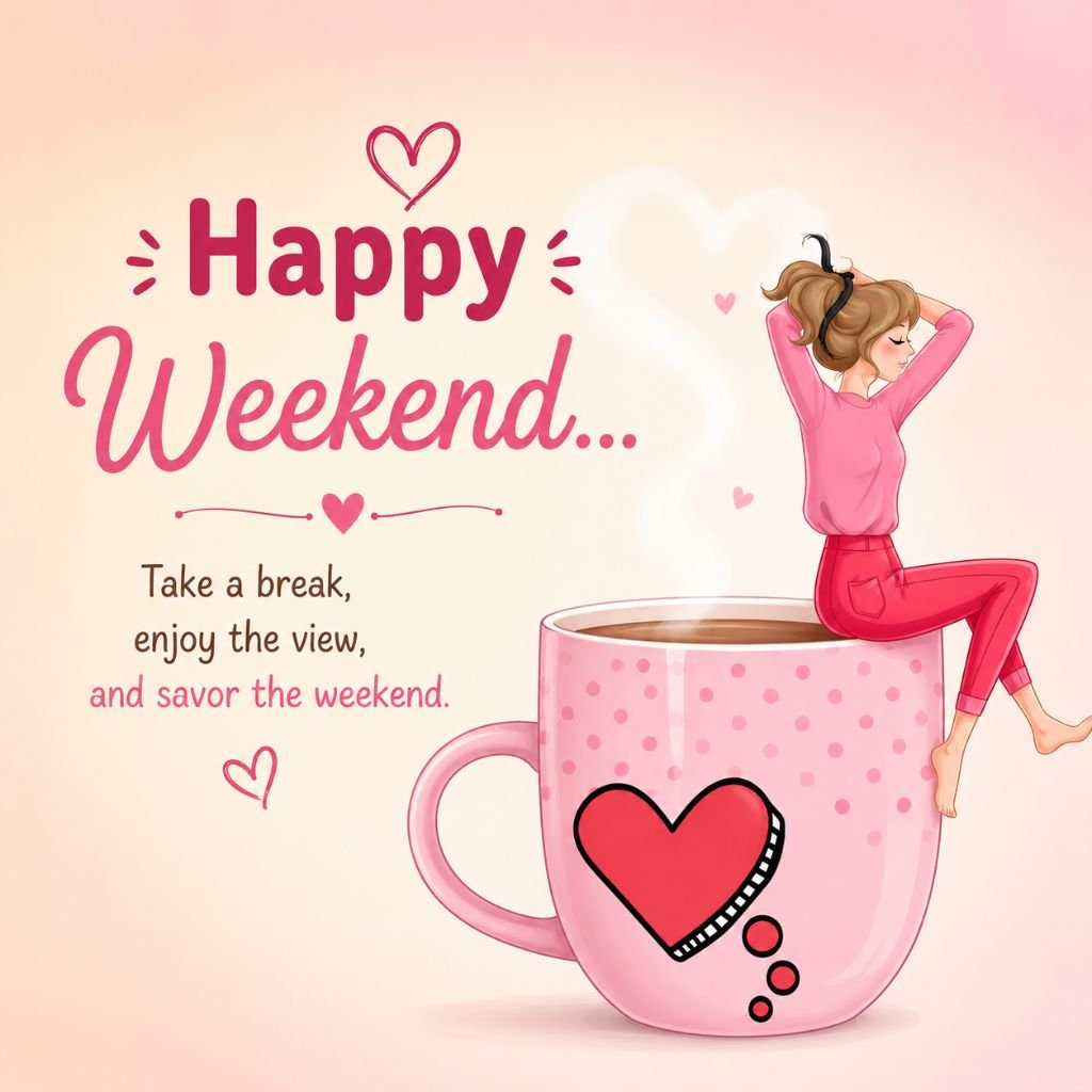 Woman relaxing on a pink coffee mug with a Happy Weekend message