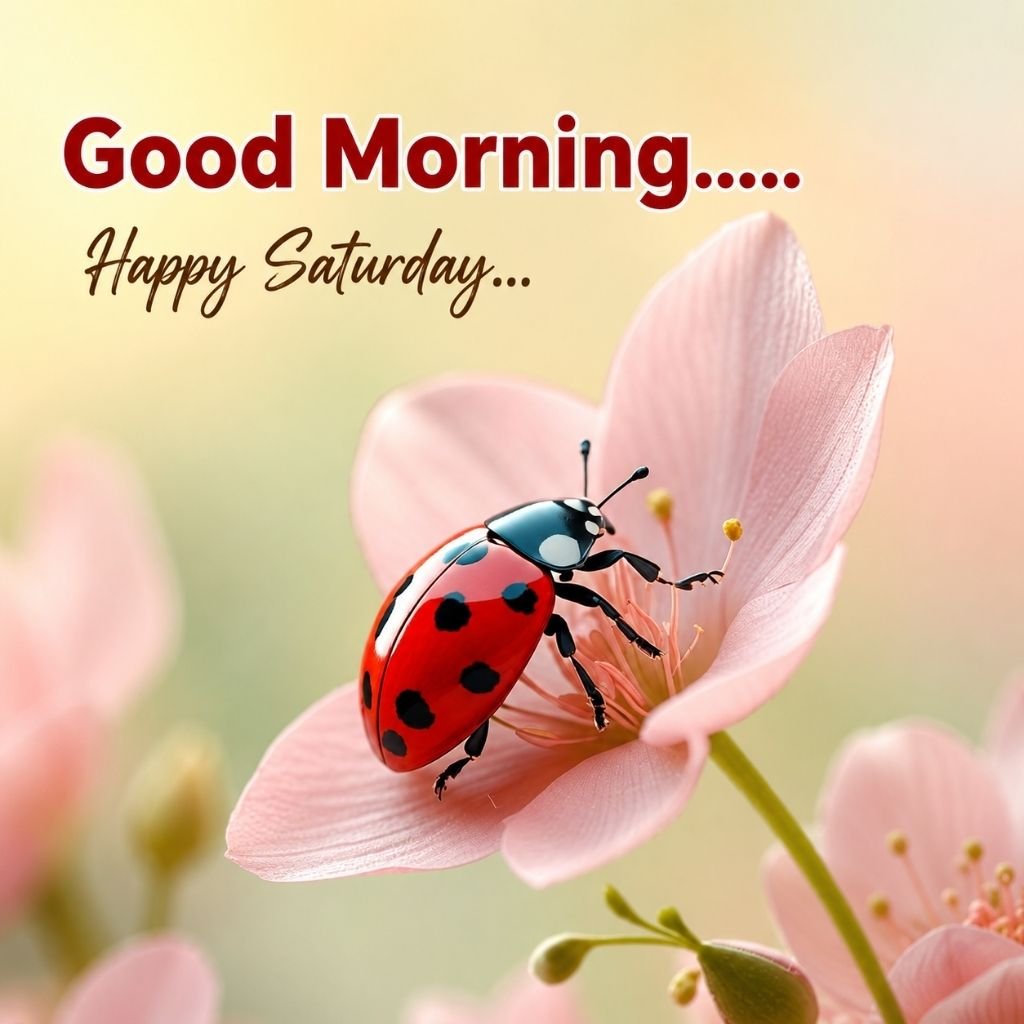 a bright red ladybug resting on a soft pink flower with good morning saturday