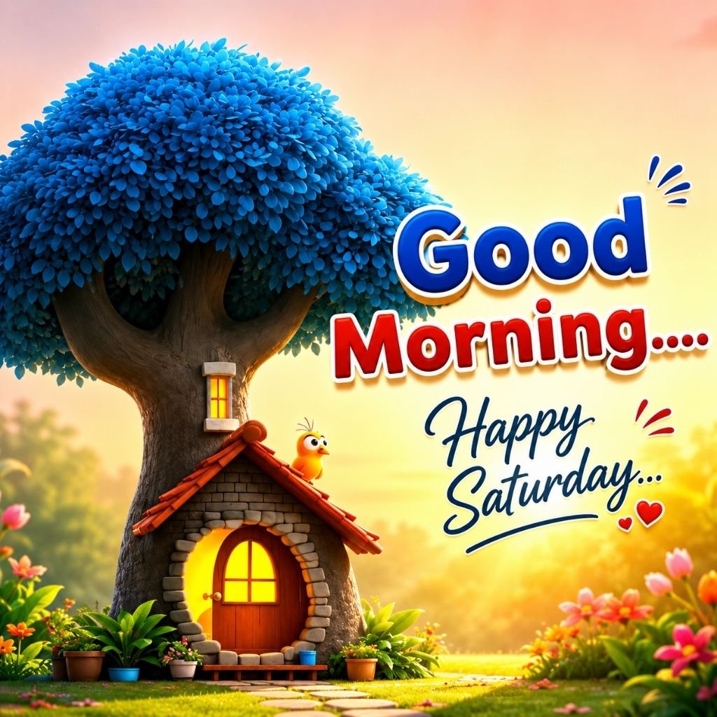 a charming tree house under a large blue tree with good morning happy saturday