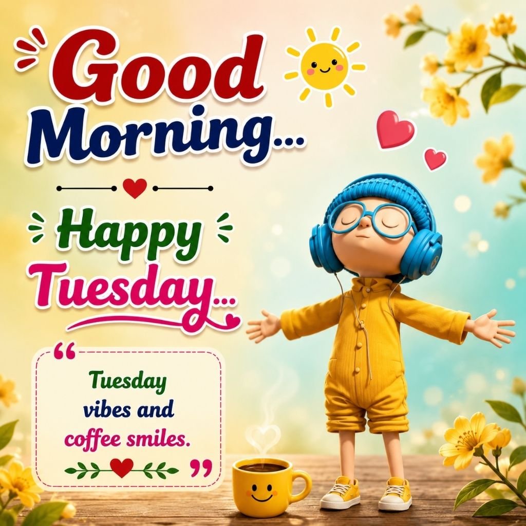 a cheerful child with headphones and positive good morning tuesday