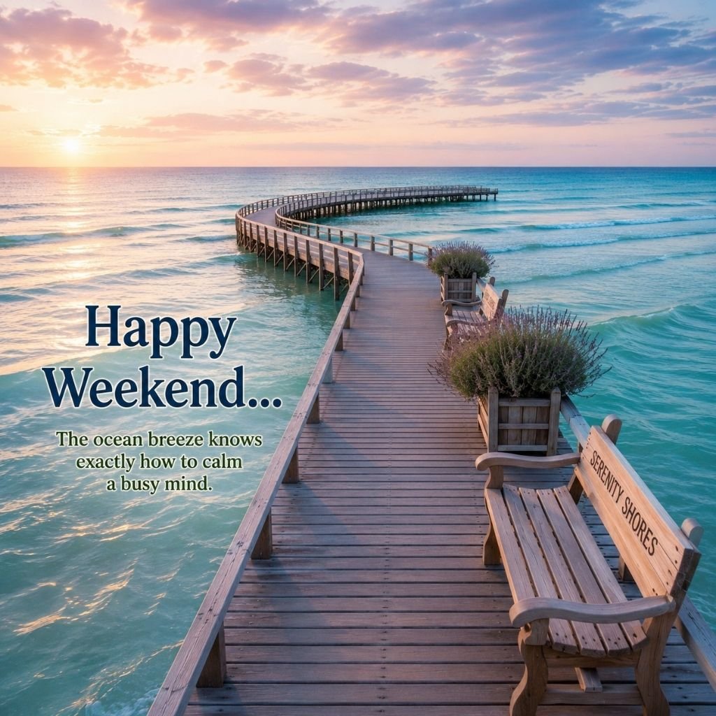 a curved wooden boardwalk over turquoise water happy weekend pictures
