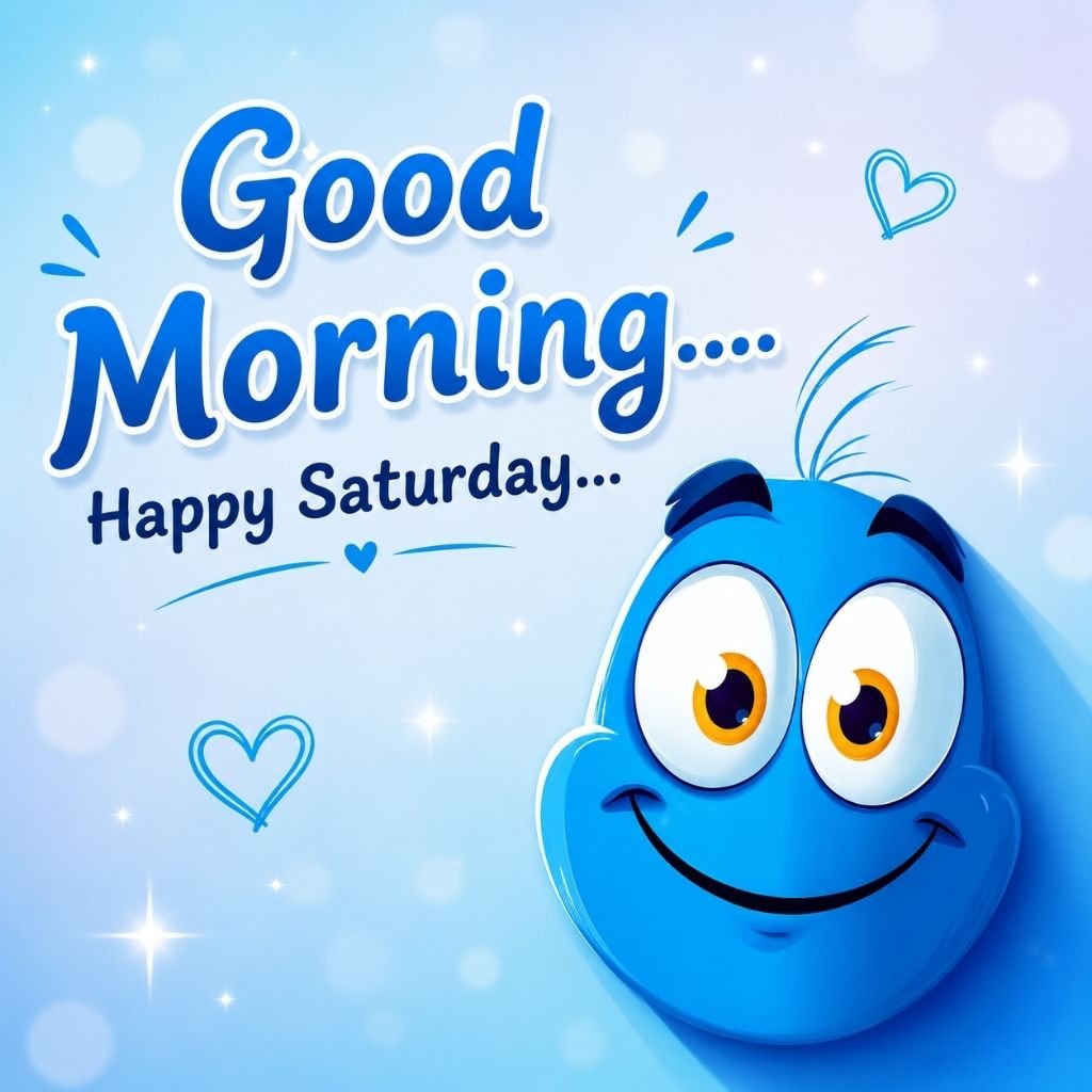 a cute blue cartoon smiley face with happy saturday