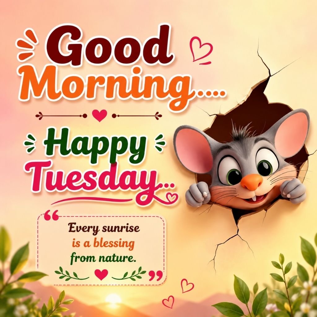 a cute cartoon mouse peeking through a wall with tuesday thoughts for the day