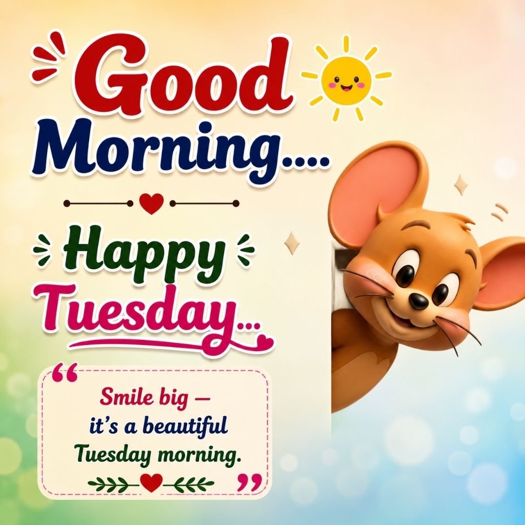 a cute cartoon mouse with a cheerful quote of tuesday good morning wishes