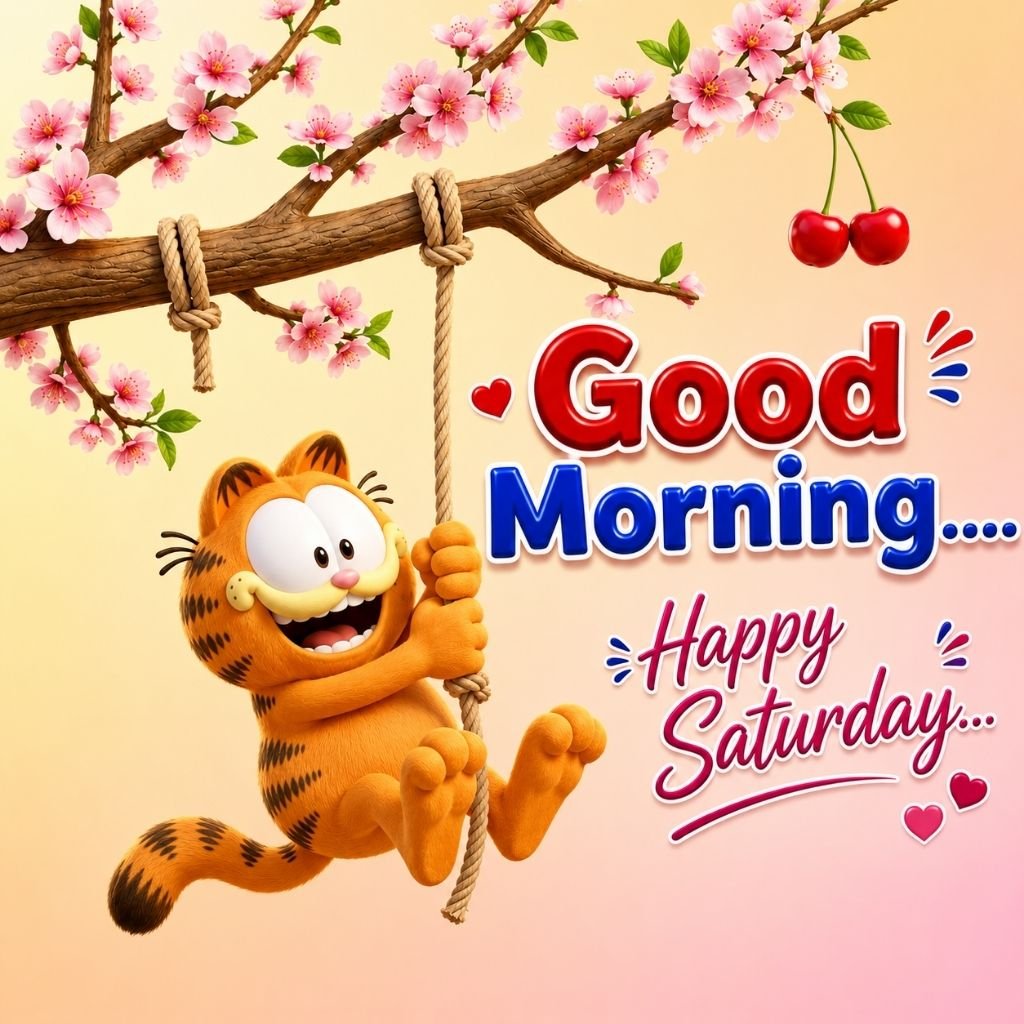 a cute cartoon orange cat swinging with good morning weekend pictures