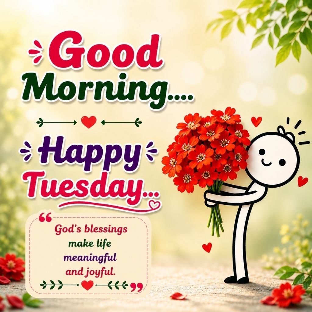 a cute stick figure holding a bouquet of red flowers with tuesday blessings image
