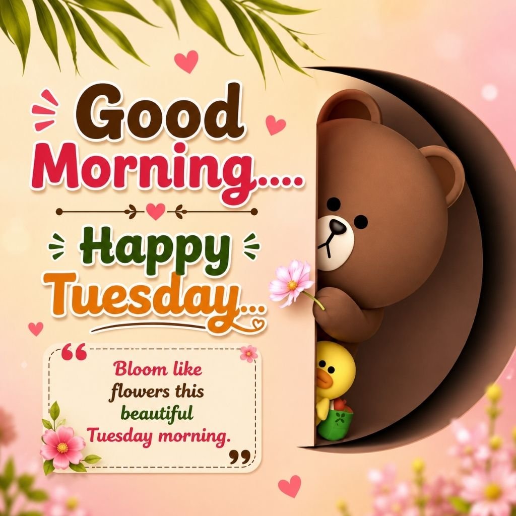 a cute teddy bear with tuesday morning messages