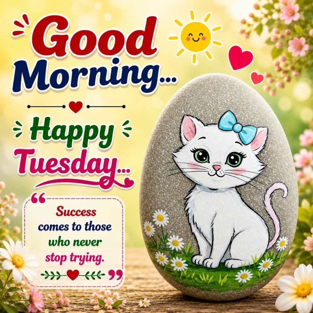 a cute white kitten painted on a decorative stone with  happy tuesday morning