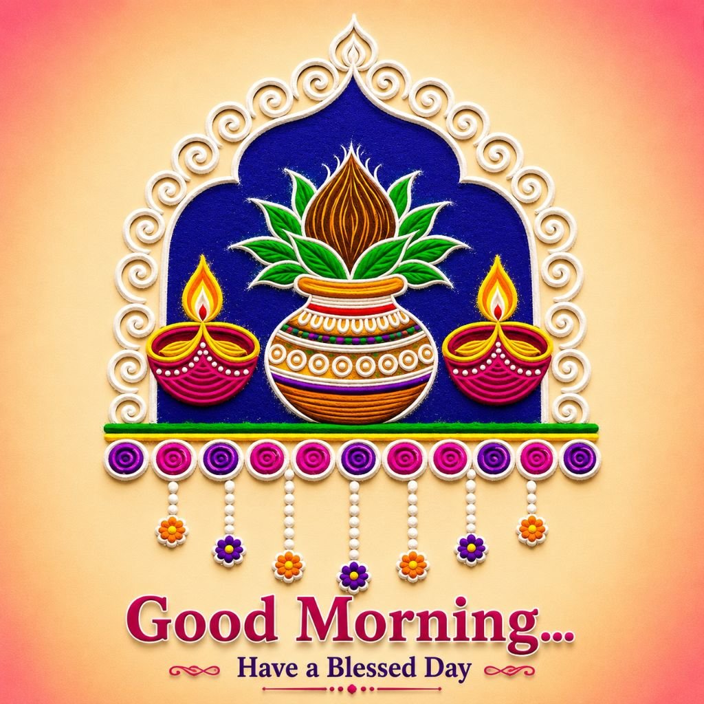 a decorative kalash with green leaves pic of morning