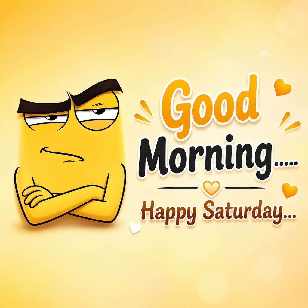  a funny skeptical cartoon face with pics of happy saturday