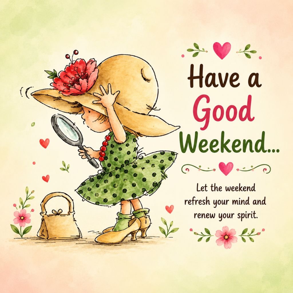 a green polka-dot dress and sun hat Have a Good Weekend message