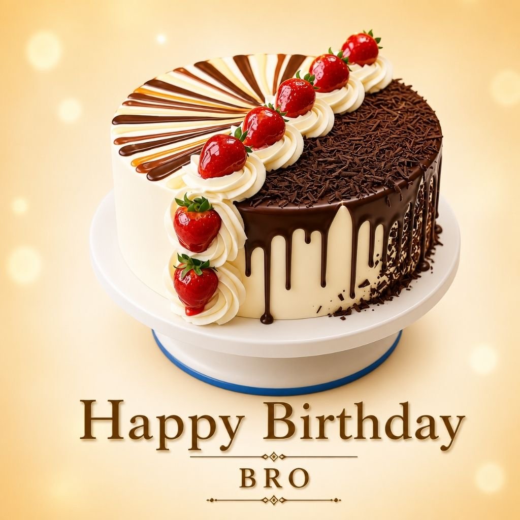 a half chocolate drip and half vanilla cake birthday wish pic for brother