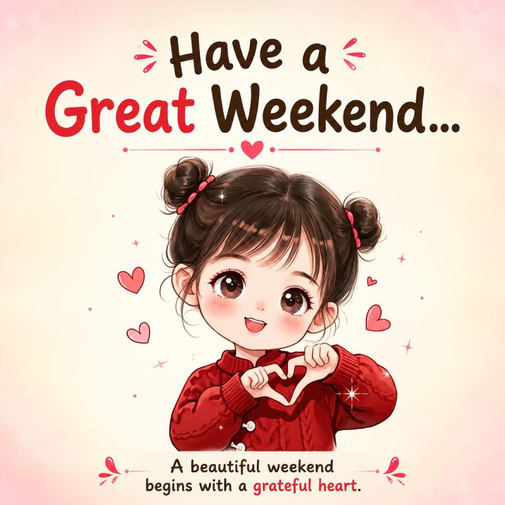 a heart shape with her hands Have a Great Weekend message