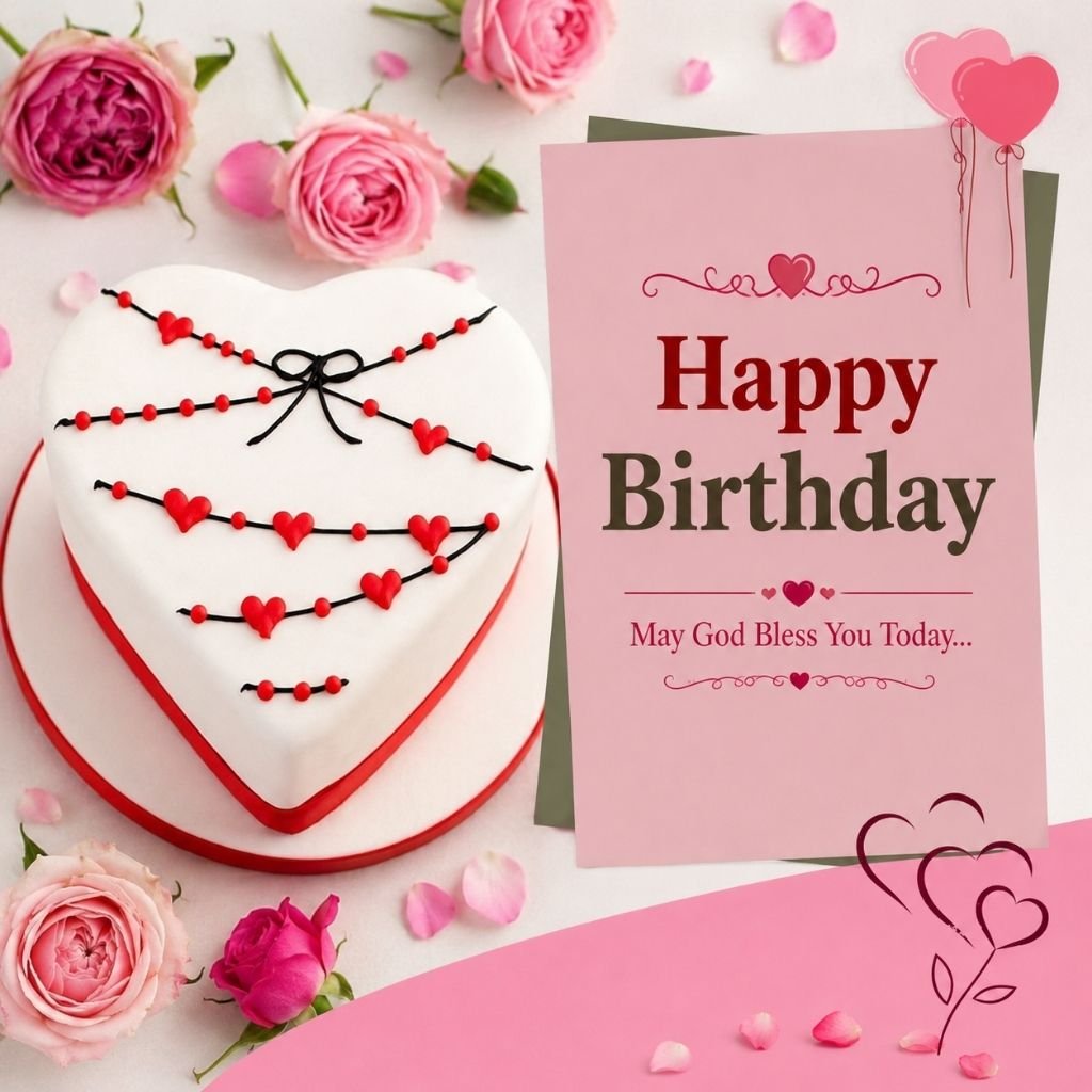 a heart-shaped white cake happy birthday msg for wife