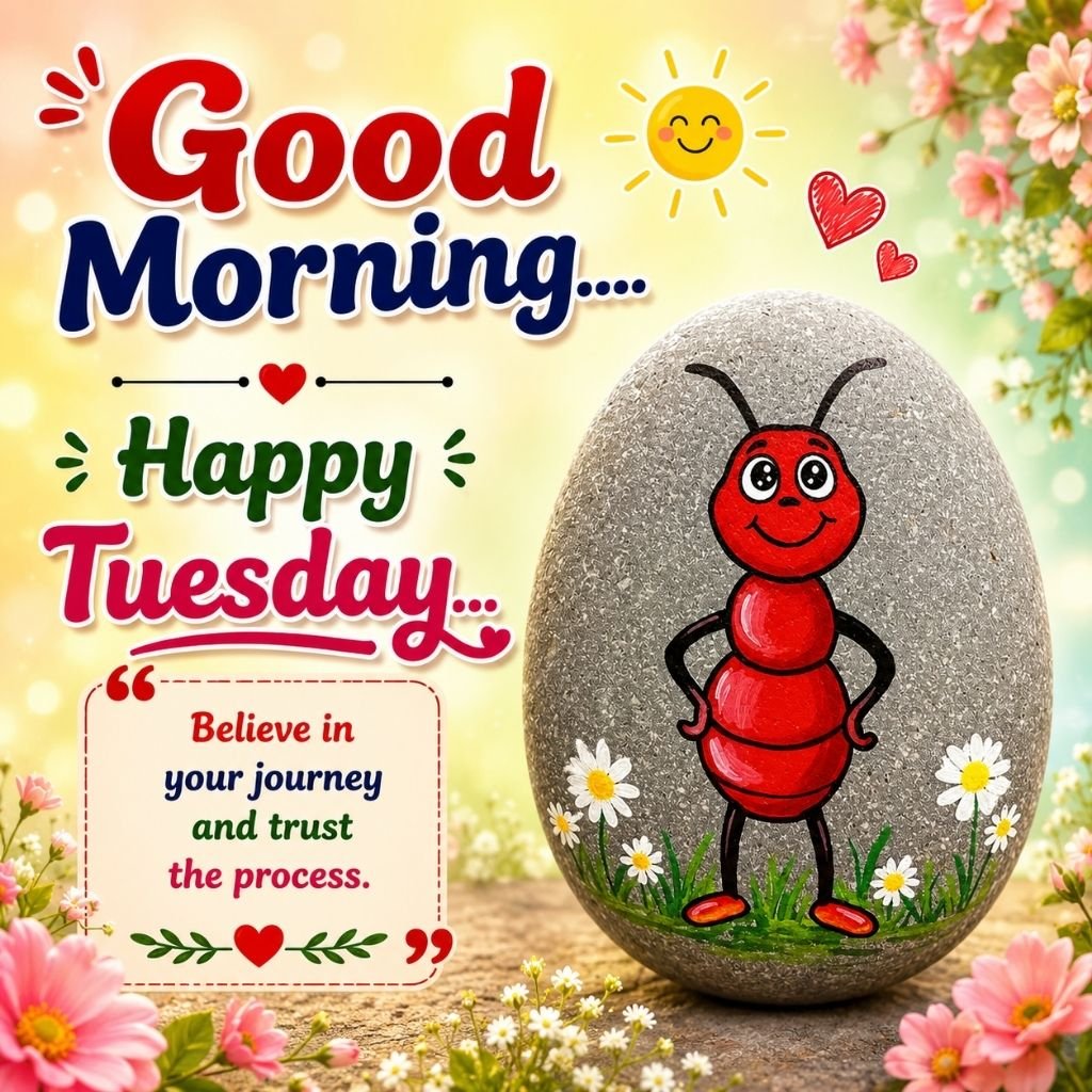 a painted ant on a stone and a tuesday motivational quote