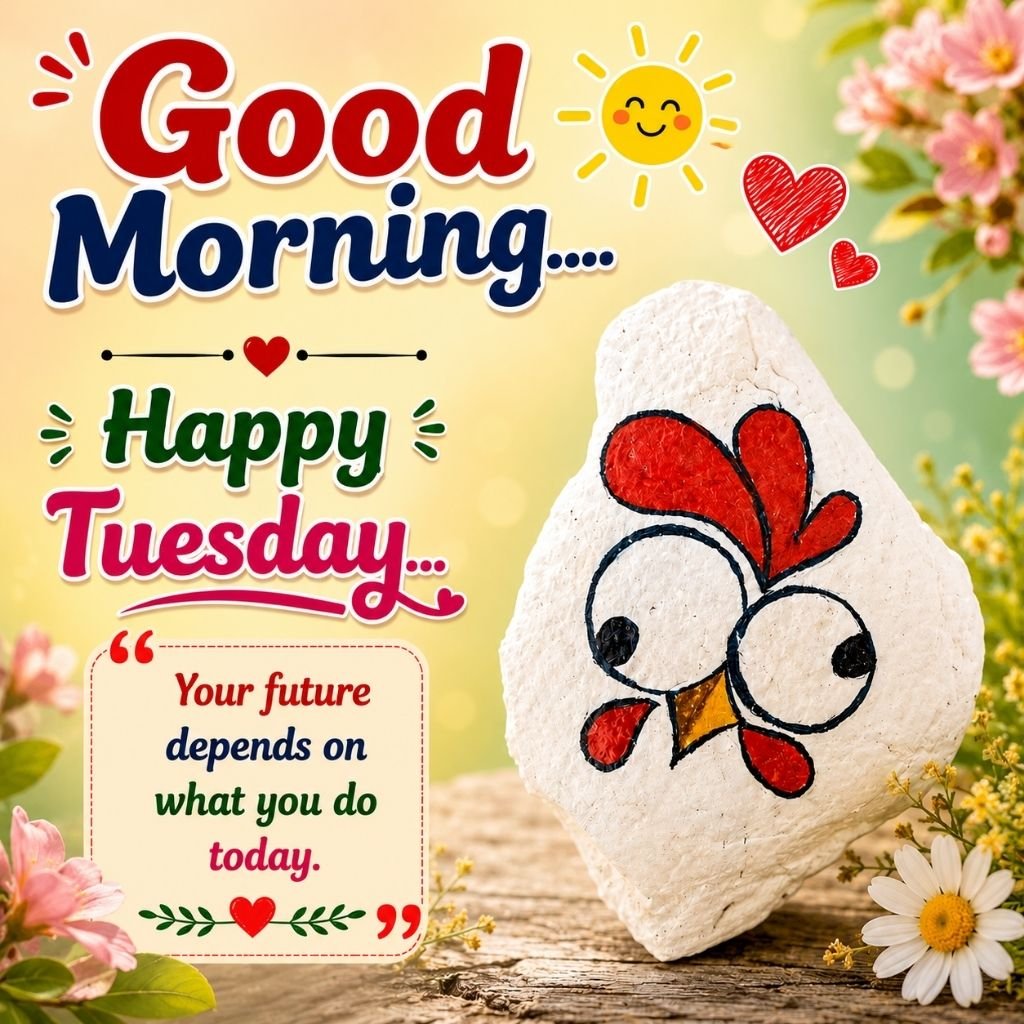 a painted chicken on a white stone with a good morning tuesday