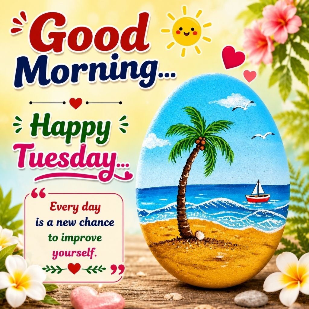 a painted tropical beach scene on a stone with happy tuesday good morning