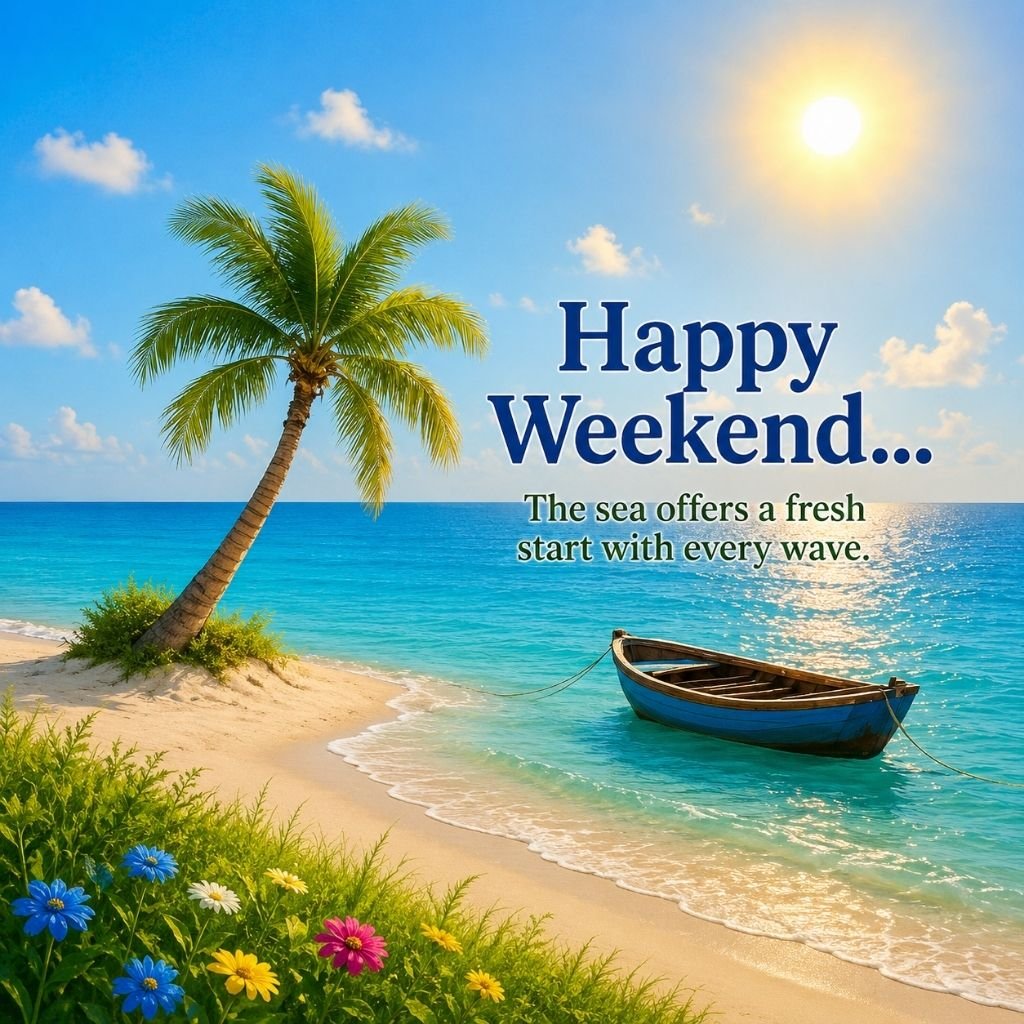 a palm tree, wooden boat have a blessed weekend pictures