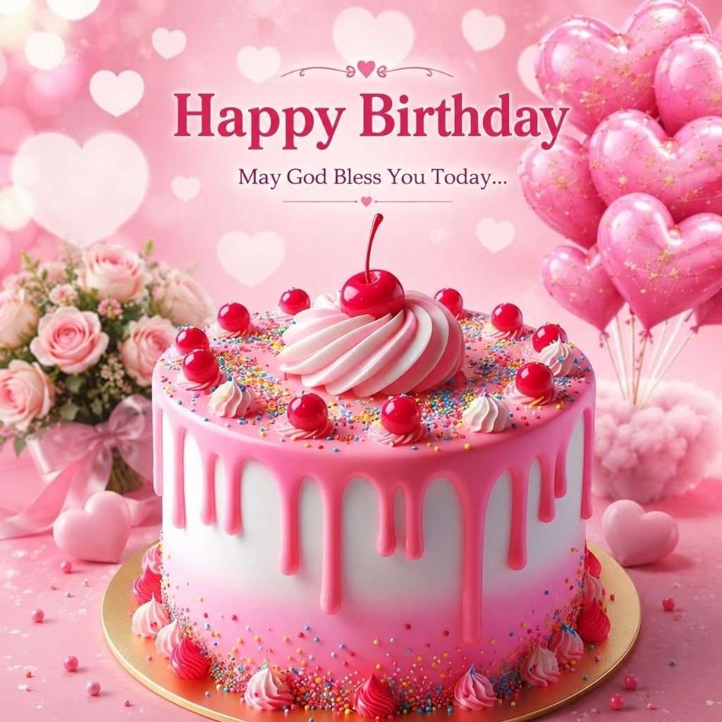 a pink drip cake topped with cherries happy birthday message