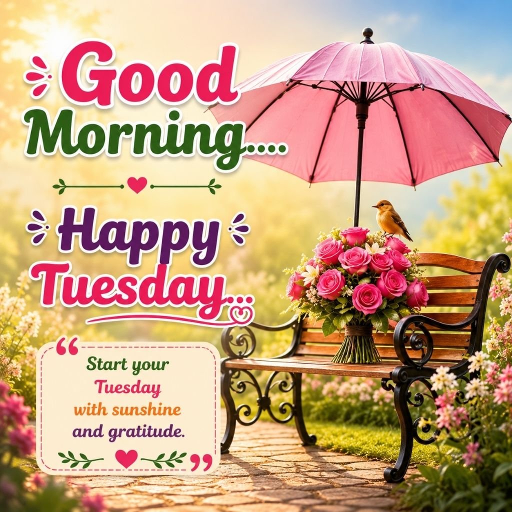 a pink umbrella with tuesday wishes in english