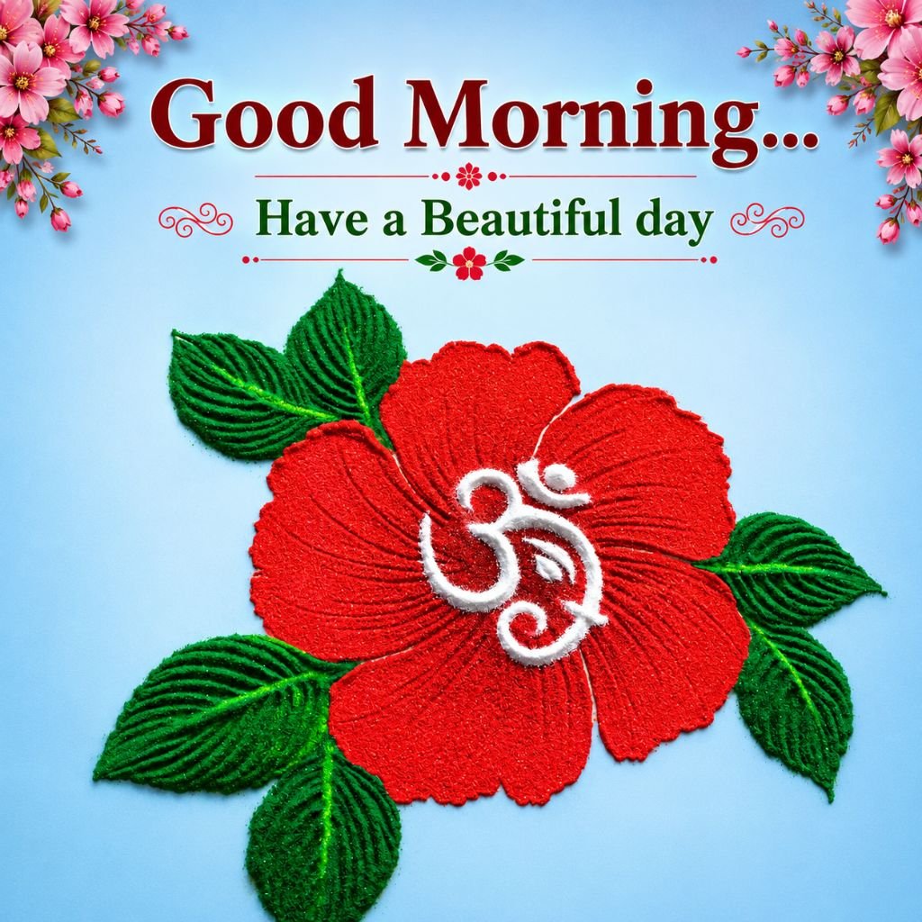 a red hibiscus flower rangoli with Om symbol good morning mom messages