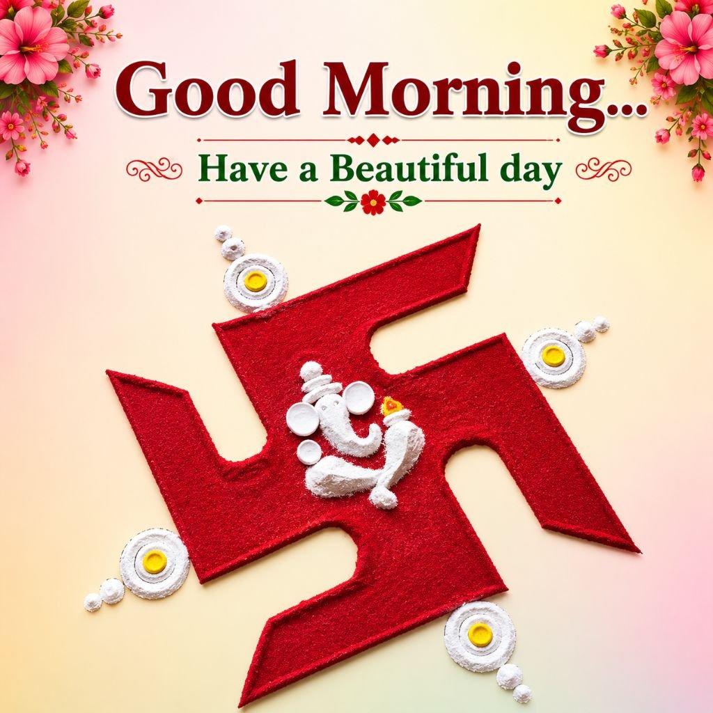a red swastik rangoli with Lord Ganesha good morning messages on whatsapp