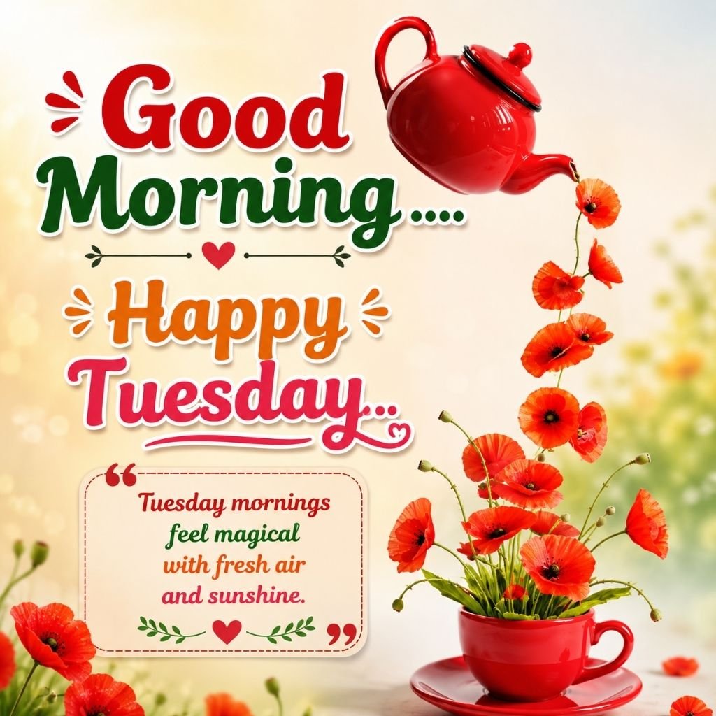  a red teapot, blooming red poppy flowers with good morning tuesday hd images