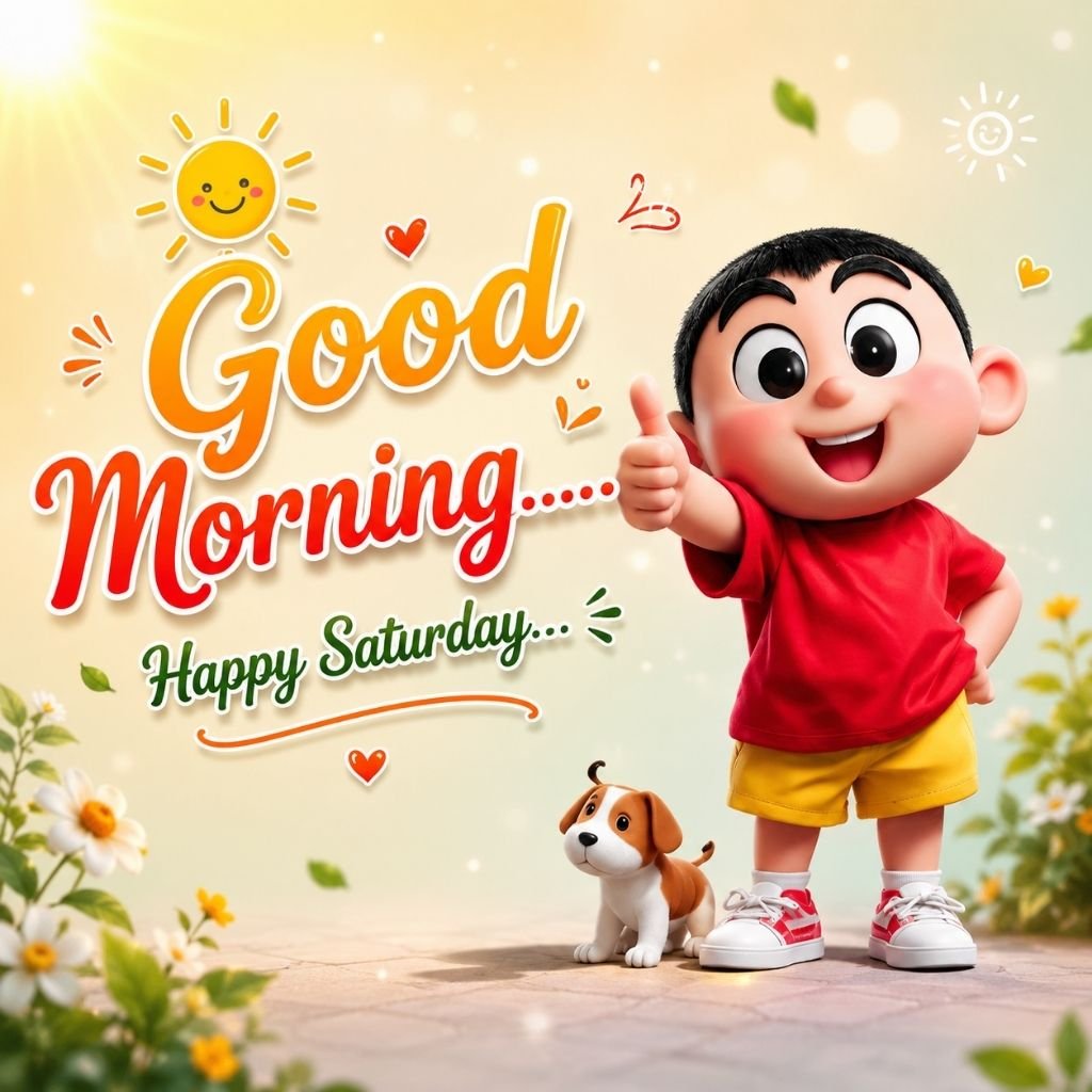 a smiling cartoon boy happy weekend