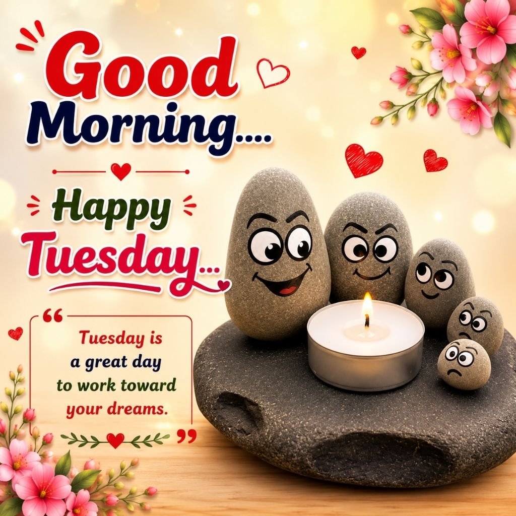 a smiling pebble family around a candle with an inspiring quote
