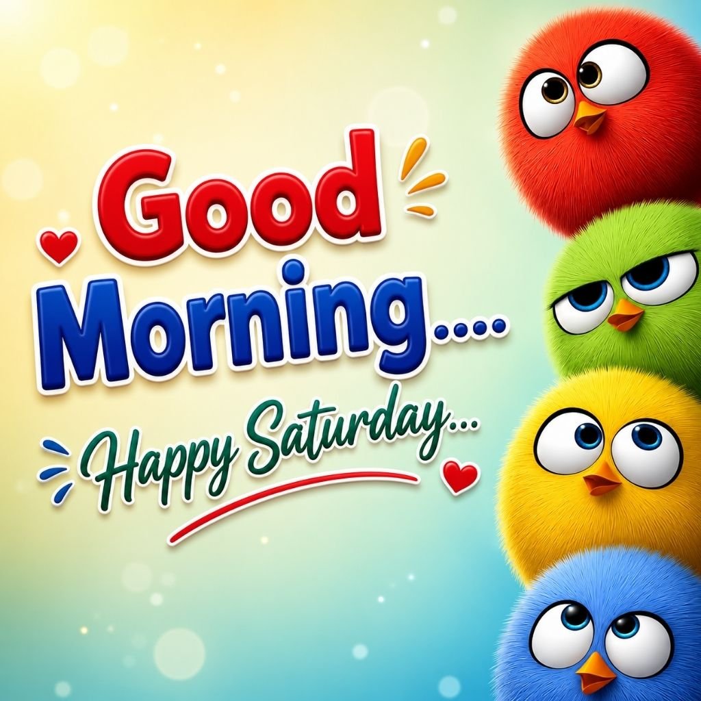 a stack of colorful fluffy cartoon birds with good morning saturday photo